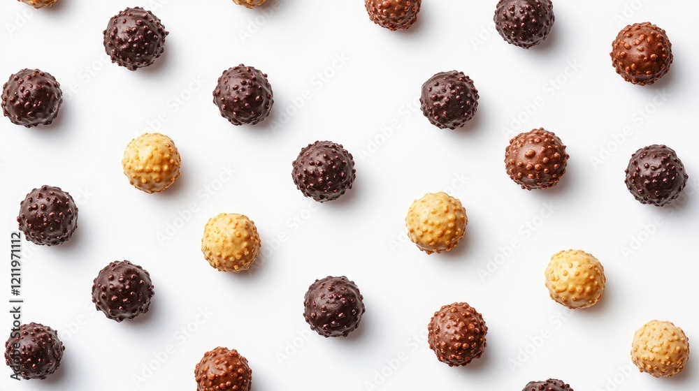 Poster assorted pralines and truffles arranged in a grid pattern on a clean white background showcasing a v