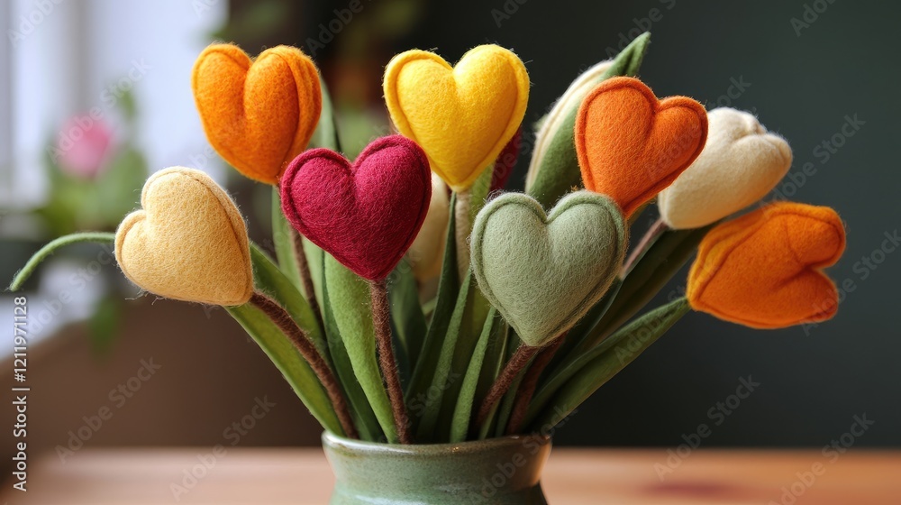 Poster vibrant tulips with colorful heart-shaped felt decorations arranged in a vase creating a cheerful an
