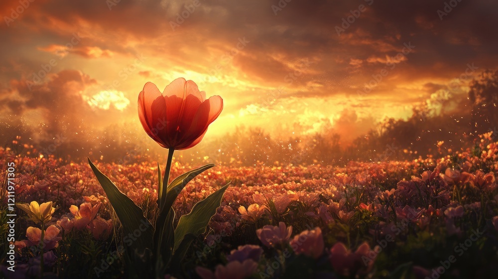 Poster sunset over a vibrant tulip field with a single red tulip illuminated against a dramatic sky