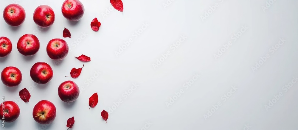 Poster Vibrant red apples creatively arranged on a light gray background with scattered rose petals and ample space for text or branding.