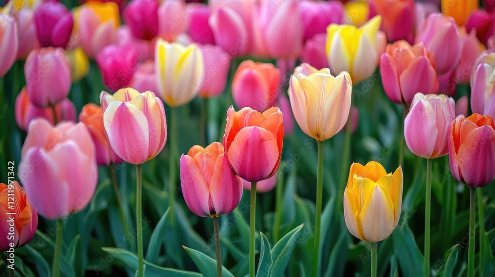 Poster vibrant tulip fields in holland showcasing a colorful array of pink, yellow, and orange blooms in fu