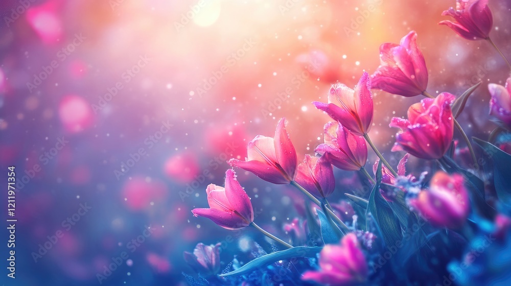 Poster Colorful tulip meadow in springtime with soft bokeh lighting and vibrant blooms creating a serene and picturesque floral background.