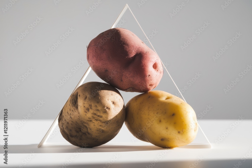 Poster three potatoes of different colors form a pyramid shape against a white background.