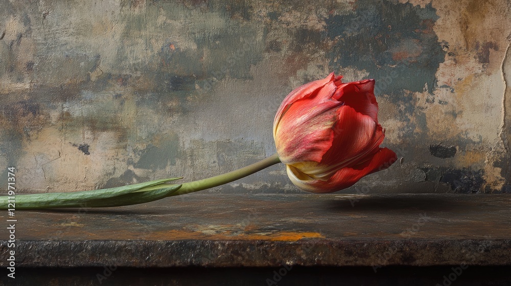 Leinwandbilder red tulip in selective focus on rustic wooden surface with textured background showcasing natural be