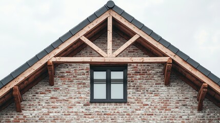 Obraz premium Stylish brick house with wooden truss structure and large window against a cloudy sky background