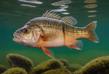 A fish that has striking red eyes is gracefully swimming in the water