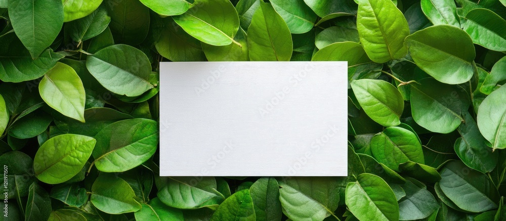 Poster White notepad on lush green leaves flat lay background offering blank space for creative text and design elements