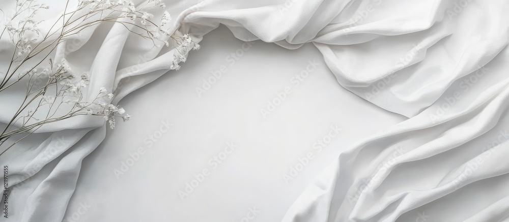 Poster elegant top view of white comforter and bed sheets arranged softly on a light background with delica