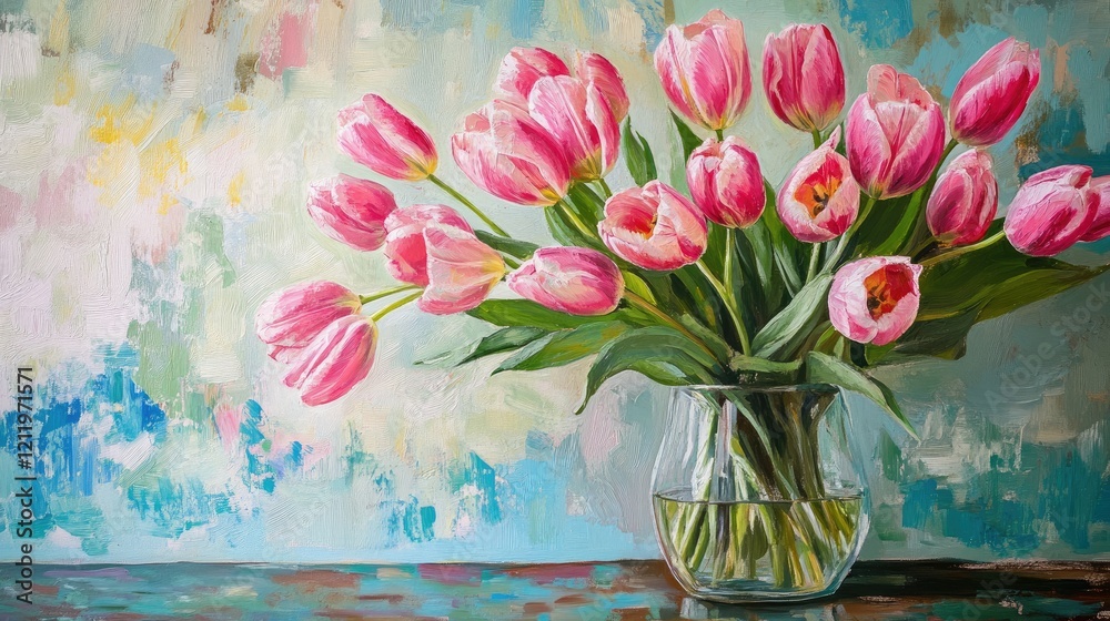 Poster pink tulips in a glass vase on a wooden desk with a colorful abstract background showcasing a vibran