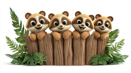 Fototapeta premium Four cheerful cartoon panda characters peeking over a wooden fence amidst vibrant green foliage in a playful and whimsical scene