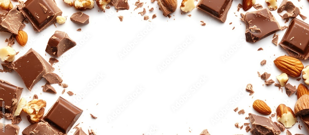 Aufkleber Top view of assorted broken dark and milk chocolate with crushed nuts framed by empty space for text on a clean white background