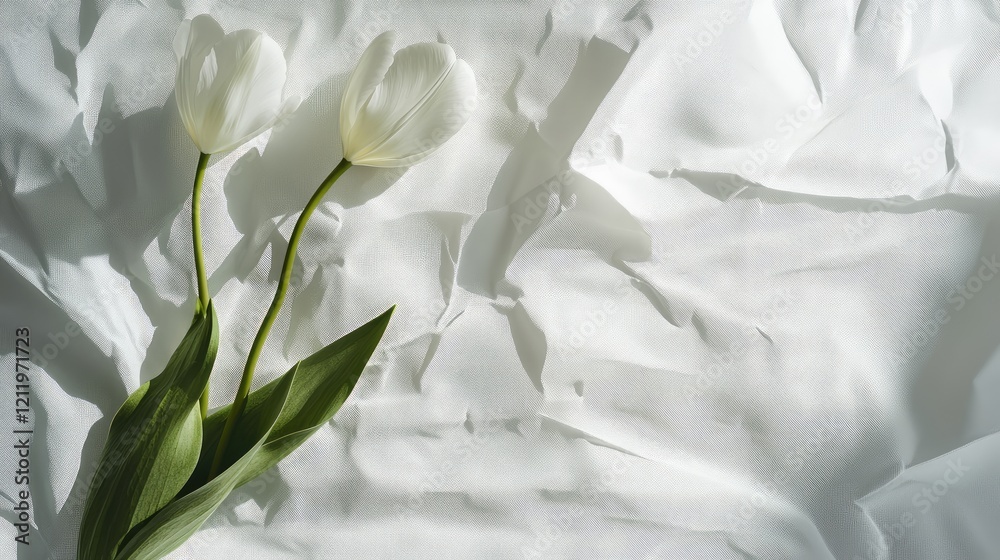 Poster Elegant white tulip flowers on a textured white background illuminated by soft studio light for a serene and minimalistic aesthetic.