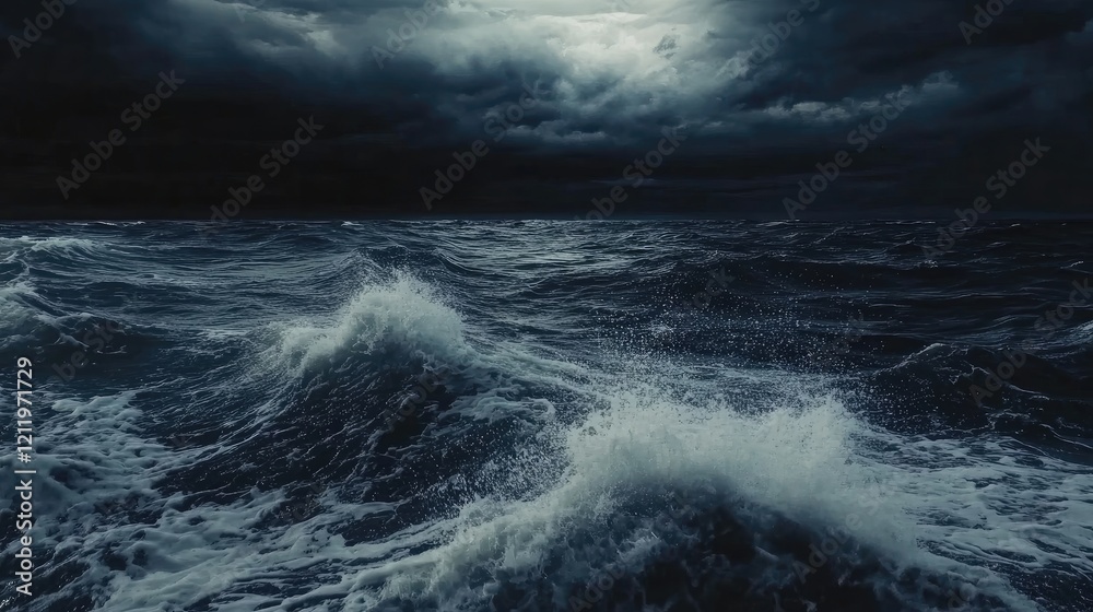 Poster stormy ocean waves crashing under dark clouds and turbulent skies creating a dramatic and powerful s