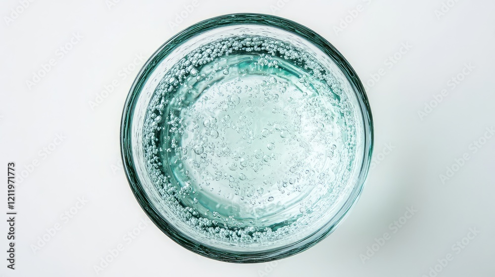 Poster aerial view of a clear glass filled with sparkling mineral water on a pristine white background show