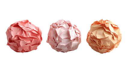 Colorful crumpled paper balls arranged in a row isolated on transparent background
