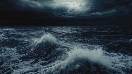 Stormy ocean waves crashing under dark clouds and turbulent skies creating a dramatic and powerful seascape atmosphere.