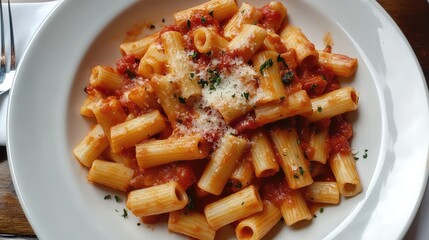 Delicious top view of a white plate filled with rigatoni pasta tossed in rich marinara sauce, garnished with fresh parsley and grated cheese.