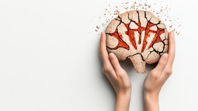Hands holding a cracked brain symbolizing mental health issues with scattered particles in a thought-provoking artistic representation