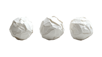 Crumpled paper balls arranged in a row isolated on transparent background