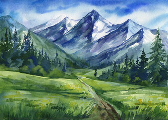 Summer landscape mountains hand painted. Vibrant nature, grassy meadows, forested slopes, mountain valley watercolor © Hanna