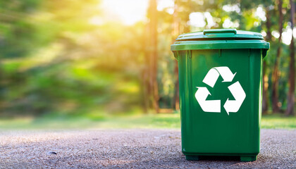 Green trash can in park. Garbage container with recycle logo. Environment and pollution concept