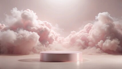 pink podium stands on a cloudy background 