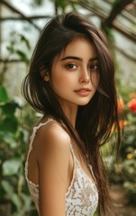 Naklejka premium A young woman poses gracefully in a greenhouse, showcasing her natural beauty. Sunlight filters through the glass, illuminating the colorful plants and flowers surrounding her