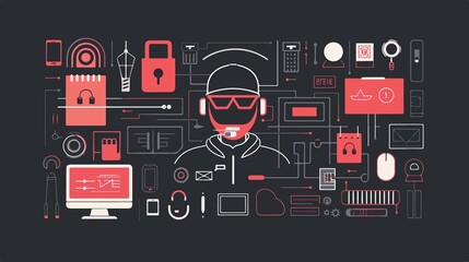 Professional Hacker and Cyber Security Flat Vector Illustration
