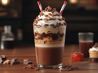 Iced mocha with whipped cream and chocolate topping.