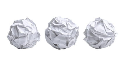 Crumpled paper balls scattered on a clean surface for creative ideas or brainstorming sessions isolated on transparent background