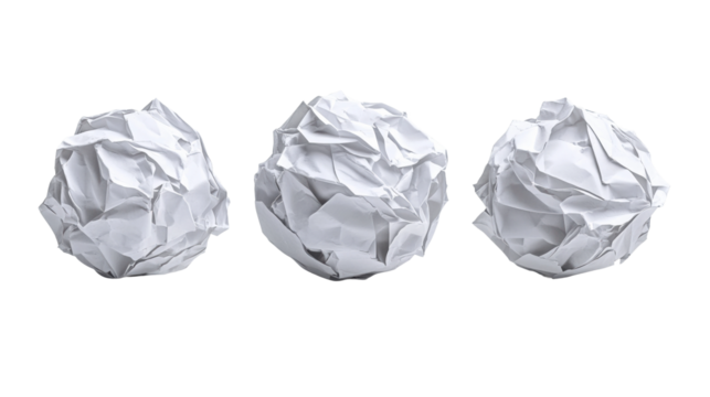 Crumpled paper balls scattered on a clean surface for creative ideas or brainstorming sessions isolated on transparent background