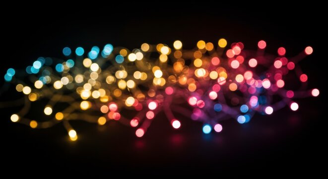 Rainbow of Lights: A vibrant collection of colorful fairy lights, glowing with warm and cool tones, creates a dazzling bokeh effect against a dark background.