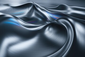 Fototapeta premium Abstract rendering of flowing metallic waves with brushed texture and iridescent highlights.