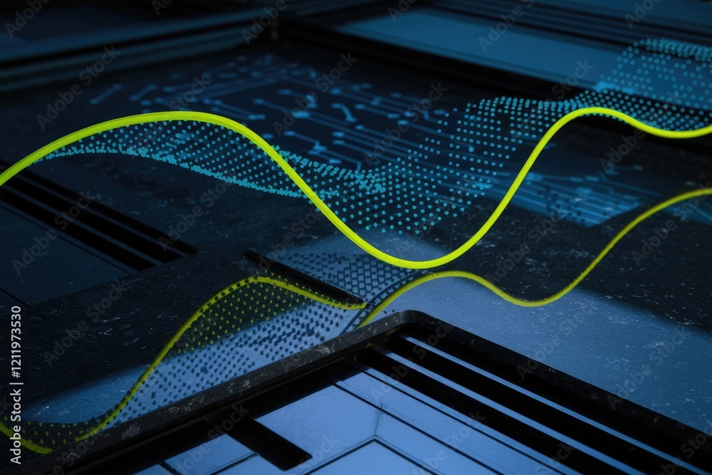 Poster Abstract digital waveform visualization, glowing neon lines on dark tech background.