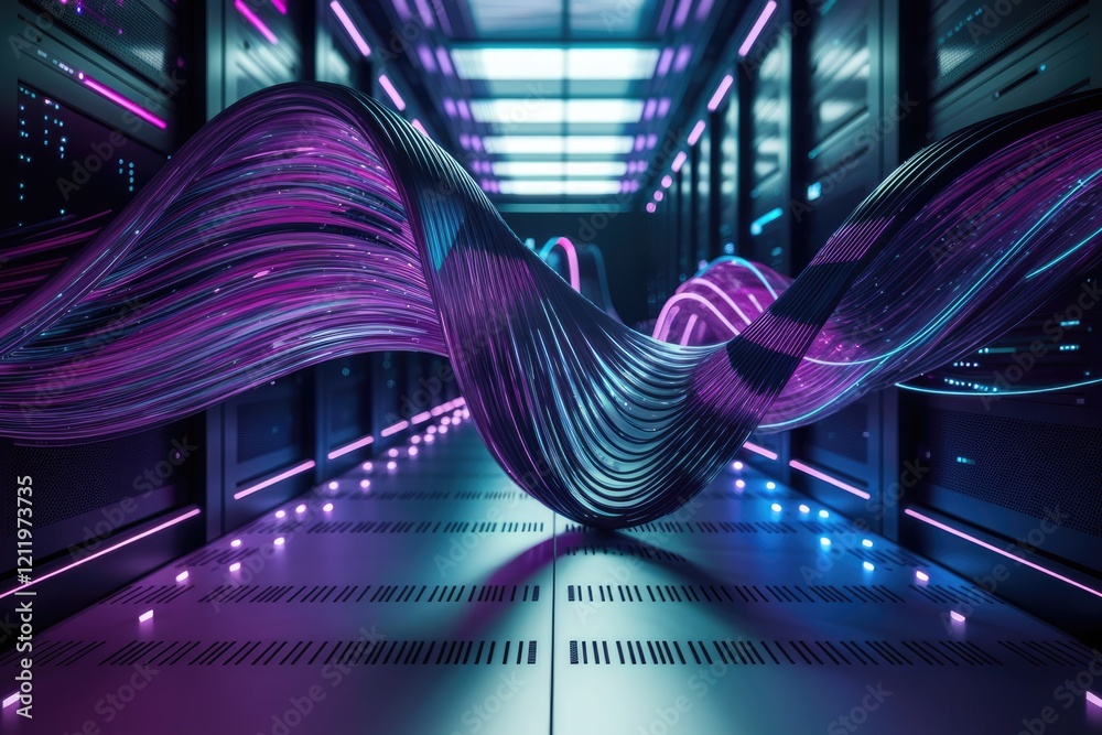 Poster glowing fiber optic cables snake through a modern server room, symbolizing high-speed data transfer 
