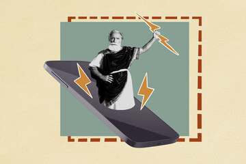 Template poster trend artwork 3D photo collage of mobile phone screen mythology aged man appear hand hold flashlight historical clothing