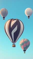 Fototapeta premium Vivid hot air balloons glide gracefully across a serene blue sky, creating a picturesque spectacle at dawn, inviting onlookers to enjoy the beauty of flight