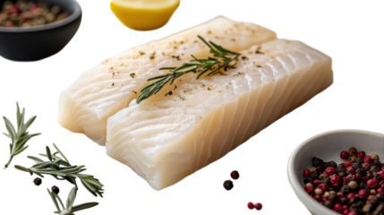 Fresh white fish fillets garnished with herbs and spices ready for cooking in a bright setting