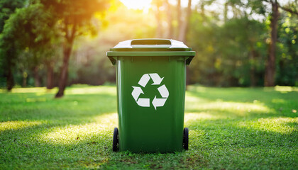 Green trash can in park. Garbage container with recycle logo. Environment and pollution concept