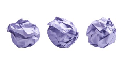 Crumpled purple paper balls arranged in a line isolated on transparent background