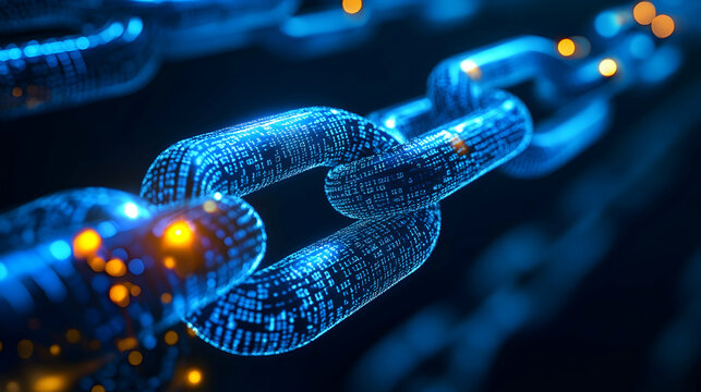 Digital Blockchain Chain With Binary Code And Glowing Links, Symbolizing Data Security And Decentralized Technology. Generative AI
