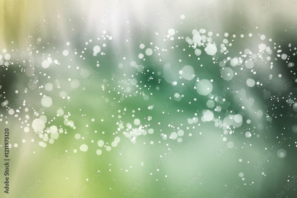 Poster Abstract green and white bokeh background with blurred lights and glowing particles.