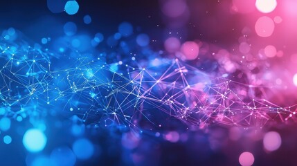 Obraz premium Abstract design featuring a vibrant blend of blue and pink colors with glowing particles and interconnected lines, creating a sense of digital technology and innovation