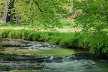 Obraz premium Serene stream flows gently over mossy rocks, lush green foliage frames the scene.