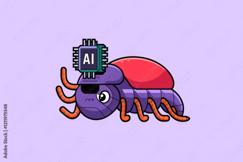 Poster A purple AI-powered insect with a microchip on its head, showcasing artificial intelligence in a cute, cartoonish way.