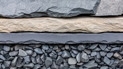 Obraz premium Close-up of layered stones and pebbles, showing distinct textures and colors of different rock types in a natural arrangement.