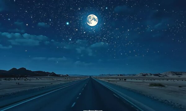 Vast open road under a full moon illuminating a starry sky with scattered clouds in a serene desert landscape at night creating a tranquil and peaceful atmosphere for nighttime travel