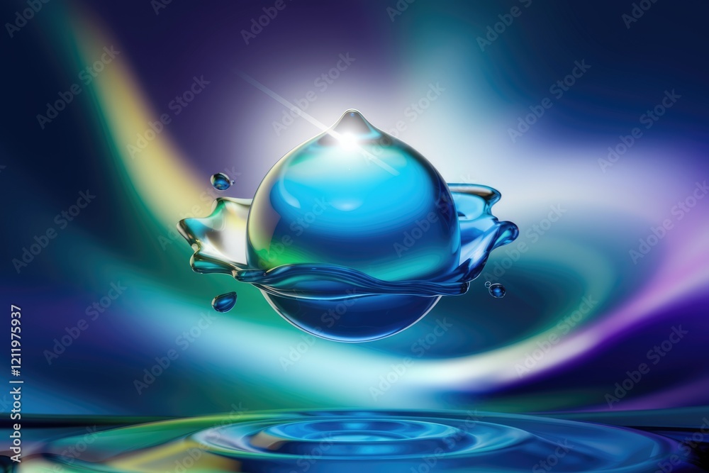 Poster a mesmerizing blue liquid droplet hovers above a shimmering surface, creating a captivating visual s