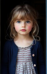 Fototapeta premium A little girl with long, light hair and big blue eyes stands quietly at the doorway, gazing intently as the sunlight softly illuminates her face and surroundings