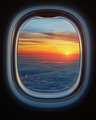 Naklejka premium A minimalist view of a sunset through a plane window, showing the glowing horizon transitioning from warm golden tones to cool blues, with a wing tip in sight